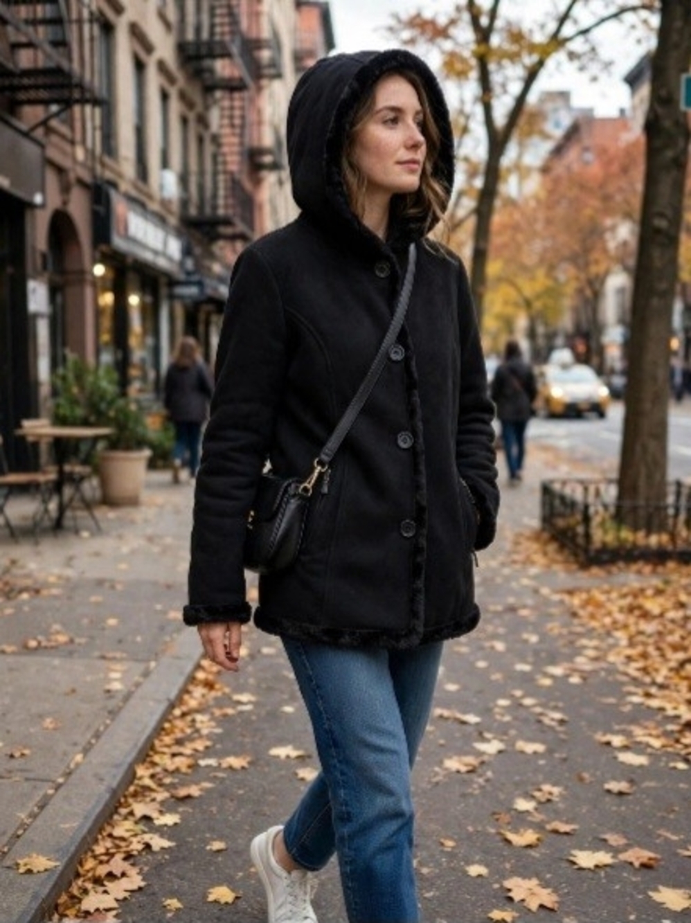 Jones New York Women's Black Faux Shearling Hooded Coat - Size L -l